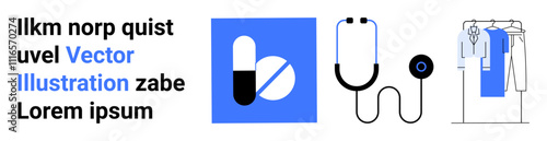 Three main elements include medical pills, a stethoscope, and a clothing rack with garments. Ideal for healthcare, medicine, fashion, pharmacy, diagnostics wellness retail. Landing page