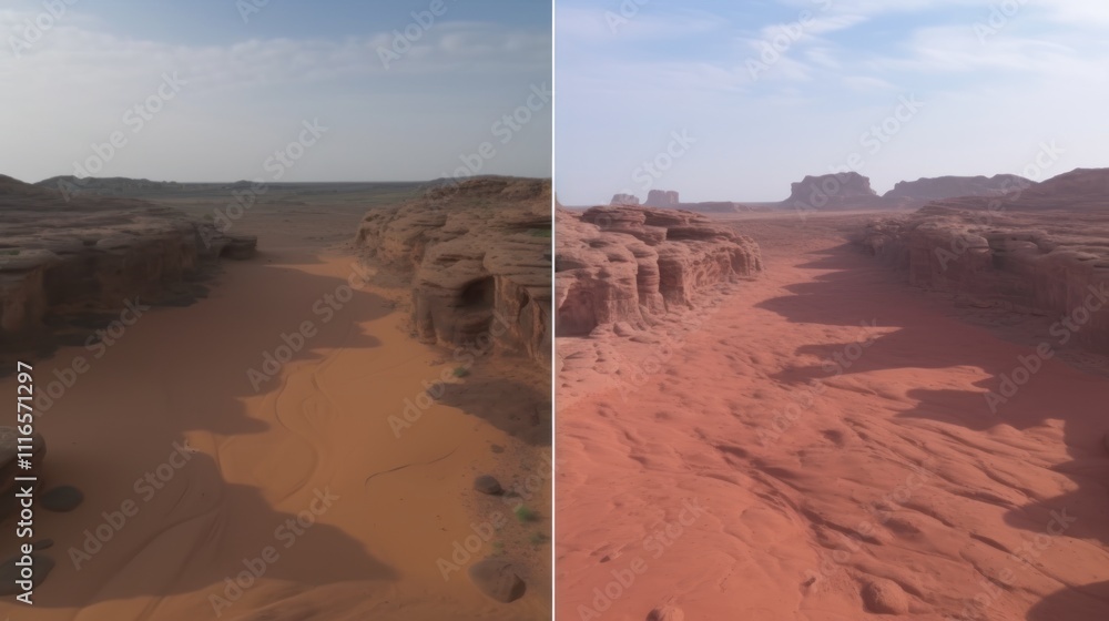 Fototapeta premium Desert landscape comparison, before and after lighting adjustment.