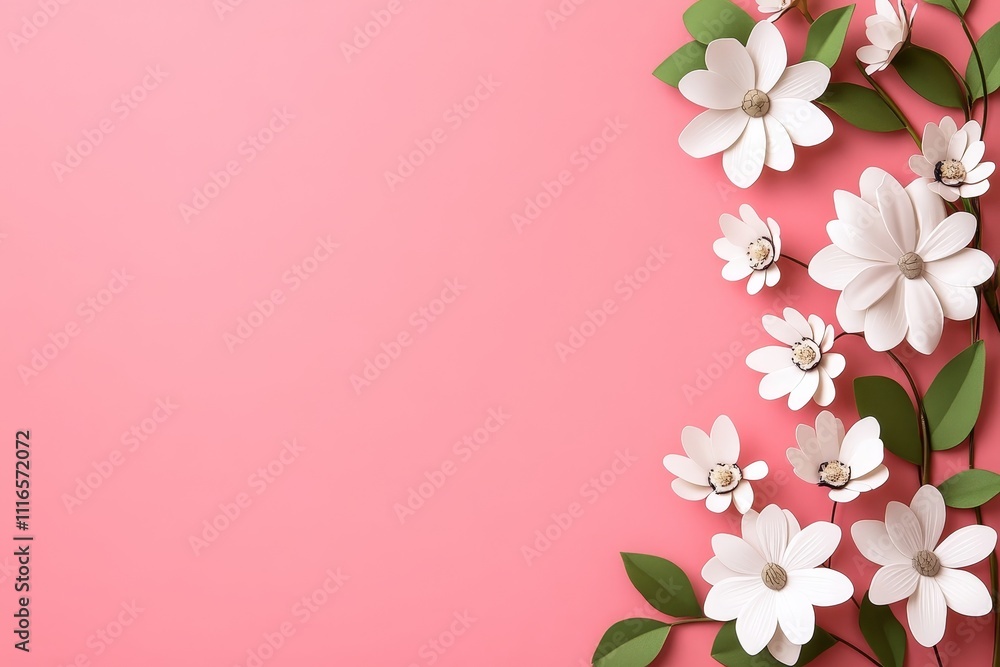 Elegant Floral Design with White Flowers on Pink Background - A beautiful arrangement of white flowers and green leaves on a soft pink backdrop, perfect for spring themes and celebrations. Elegant Floral Design with White Flowers on Pink Background - A beautiful arrangement of white flowers and green leaves on a soft pink backdrop, perfect for spring themes and celebrations.
