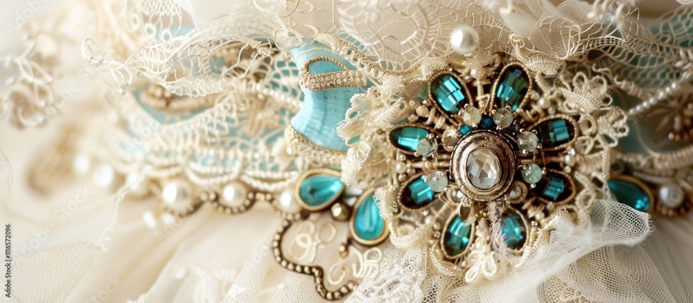 Close-up of ornate jeweled ornament on delicate lace fabric. Close-up of ornate jeweled ornament on delicate lace fabric.