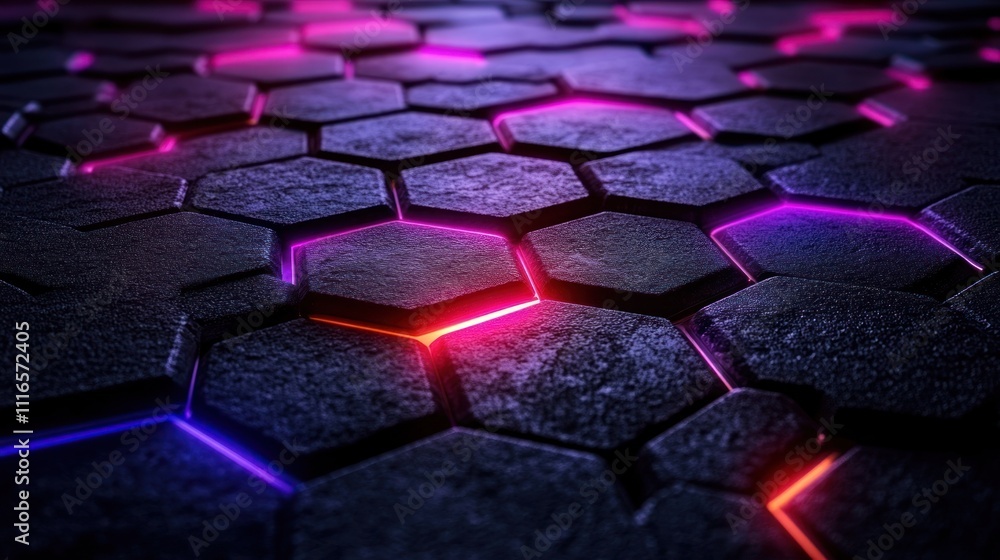 Obraz premium Abstract dark hexagonal pattern with neon lights.