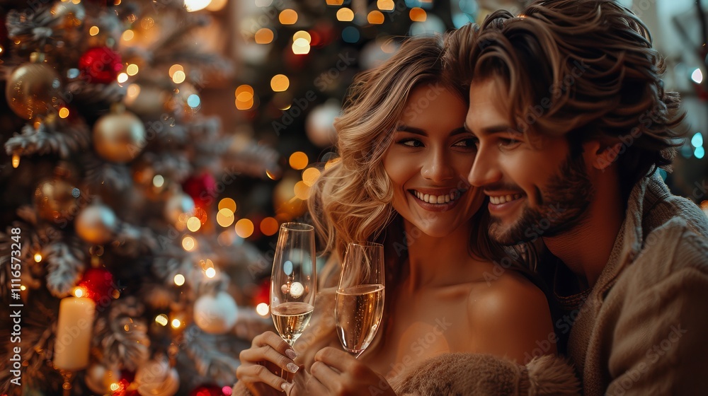 A festive gathering, friends toast with wine, laughter fills the air, surrounded by twinkling lights and a beautifully decorated Christmas tree. A festive gathering, friends toast with wine, laughter fills the air, surrounded by twinkling lights and a beautifully decorated Christmas tree.