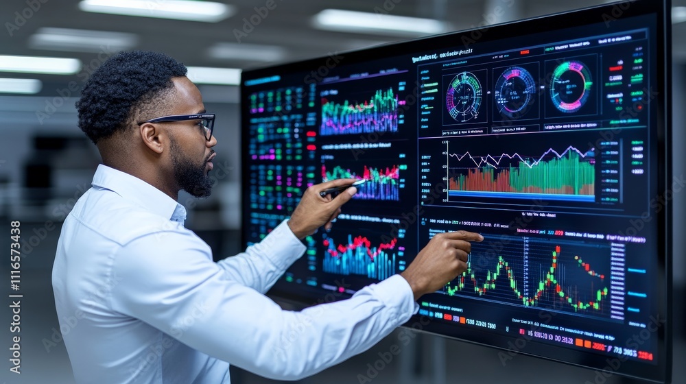 Data Analyst at Work: A focused and professional African American man intently examines a large screen filled with dynamic charts and graphs. He is deeply engaged in analyzing the data.