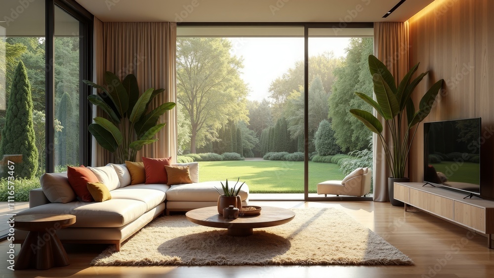 Luxurious modern living room with large windows and stunning garden view bathed in natural light Luxurious modern living room with large windows and stunning garden view bathed in natural light