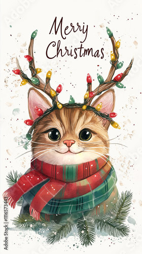 Car with Red and Green Scarf, Christmas Lights on Antlers, Merry Christmas Text, Smiling Cat in Christmas Ribbons with Lighted Reindeer Antlers, Cartoon Style, on White Background