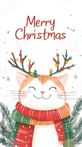 Car with Red and Green Scarf, Christmas Lights on Antlers, Merry Christmas Text, Smiling Cat in Christmas Ribbons with Lighted Reindeer Antlers, Cartoon Style, on White Background