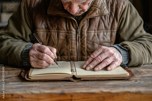 senior author reviewing manuscript, antique writing desk photo