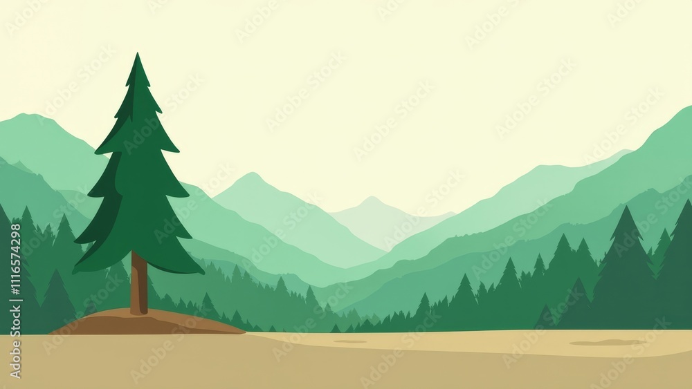 Fototapeta premium Basic illustration promoting forest conservation with solitary pine tree set against a mountainous wilderness backdrop