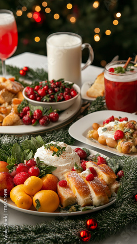 festive holiday breakfast with fruits, pastries, and drinks on decorated table