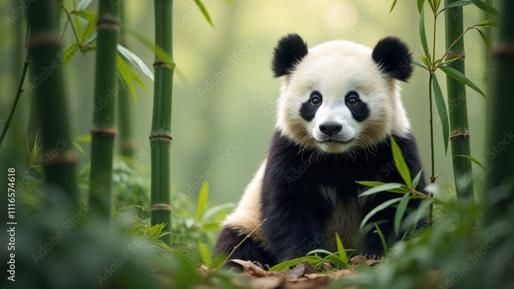 Fototapeta premium Charming panda surrounded by lush bamboo, symbol of endangered species conservation with ample copy space