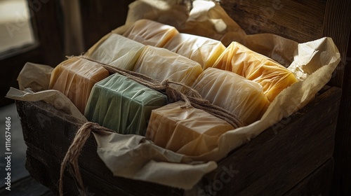 A gift box filled with assorted pastila in earthy tones wrapped in parchment paper with a rustic bow. photo