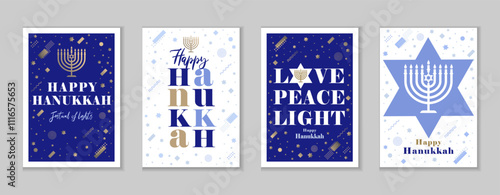 Happy Hanukkah 2025, creative greeting cards set. Vector concept for Hanukkah cover with traditional menorah candle, David stars and memphis style elements