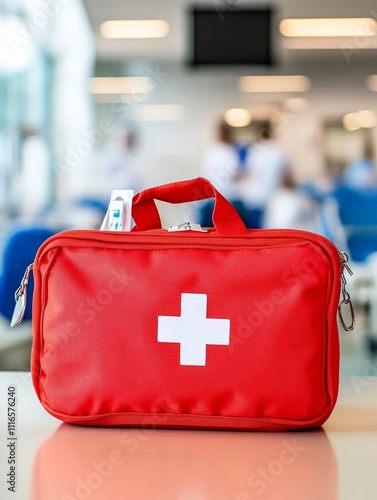 Essential Red First Aid Kit for Emergencies - A vibrant red first aid kit prominently featuring a white cross symbol, embodying health, safety, emergency preparedness, and care. photo