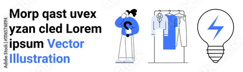Person in blue holding a bag, clothes on a rack with hangers, and light bulb with lightning bolt. Ideal for fashion, retail, shopping, organization, creativity innovation and energy themes. Landing