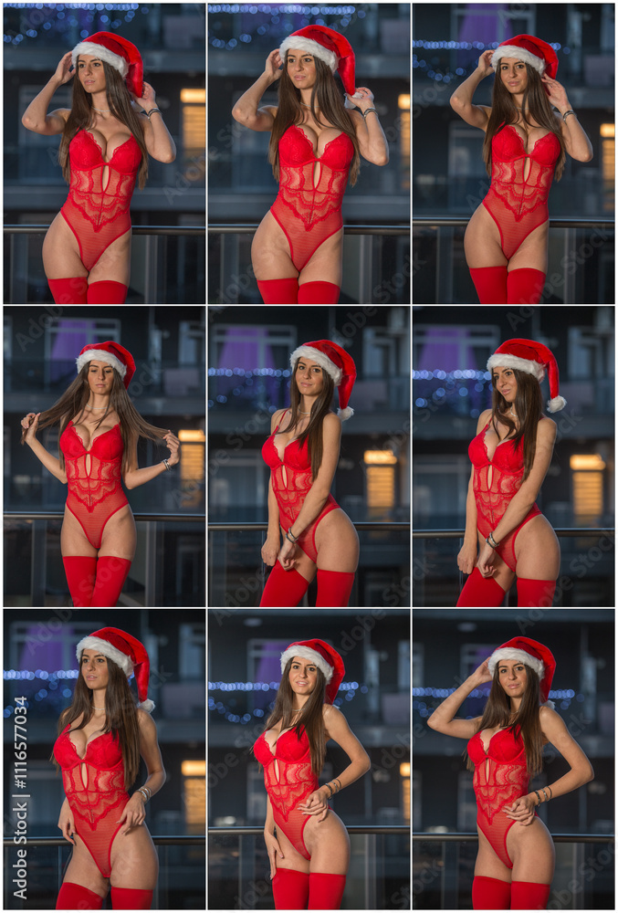Attractive long hair model with red lingerie , red stockings and Santa's red hat posing provocatively outdoor. Sensual female in red lingerie and Santa's hat posing against balcony.