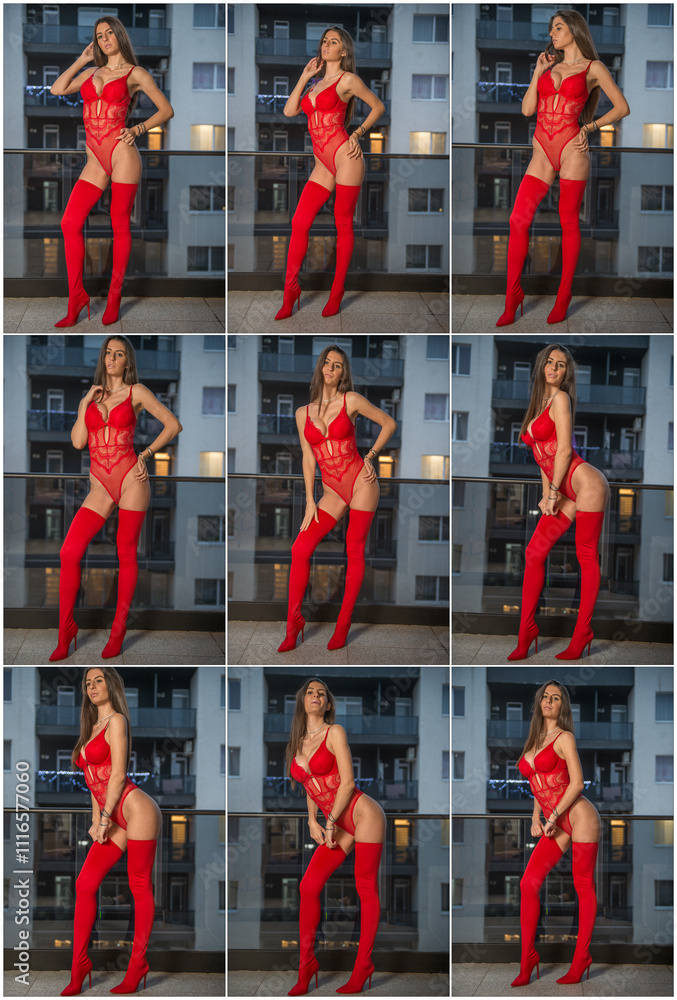 Attractive long hair model with red lingerie , red stockings and Santa's red hat posing provocatively outdoor. Sensual female in red lingerie and Santa's hat posing against balcony