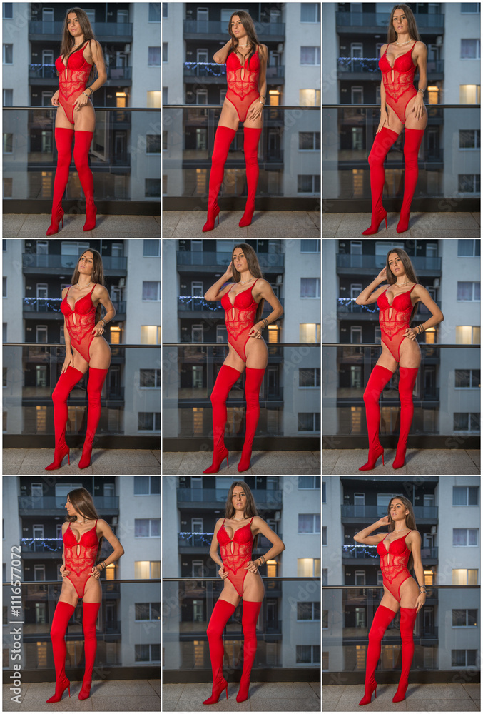 Attractive long hair model with red lingerie , red stockings and Santa's red hat posing provocatively outdoor. Sensual female in red lingerie and Santa's hat posing against balcony