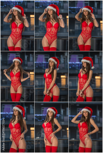 Attractive long hair model with red lingerie , red stockings and Santa's red hat posing provocatively outdoor.  Sensual female in red lingerie and Santa's hat posing against balcony.