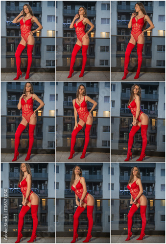 Obraz na płótnie Attractive long hair model with red lingerie , red stockings and Santa's red hat posing provocatively outdoor. Sensual female in red lingerie and Santa's hat posing against balcony w salonie