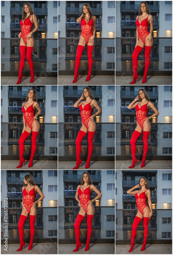 Obraz na płótnie Attractive long hair model with red lingerie , red stockings and Santa's red hat posing provocatively outdoor. Sensual female in red lingerie and Santa's hat posing against balcony w salonie