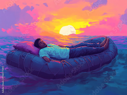 Man relaxing on raft at sunset over the ocean with vibrant sky and calm waters photo