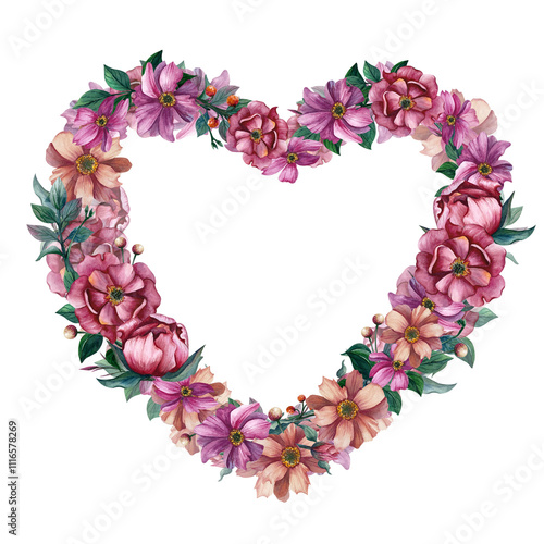 Flower wreath in the shape of a heart. Watercolor illustration. Hand drawn picture isolated on background. Floral heart for postcards and print product on Valentine's Day, March 8, birth of a girl. photo