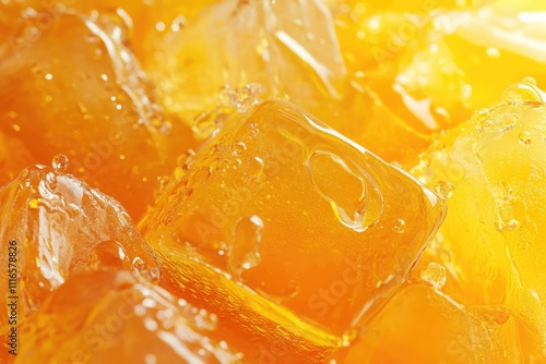 Close up of ice cubes in vibrant orange juice  capturing the refreshing essence of summer.