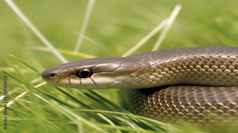 Obraz premium Close-up of a snake coiled in green grass.