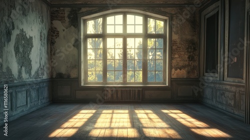 Sunlit abandoned room with peeling walls, hardwood floors, and large window.