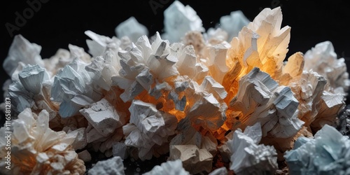 Barite barium sulfate crystals on a black background, sulfide minerals, black backgrounds, crystal formations photo