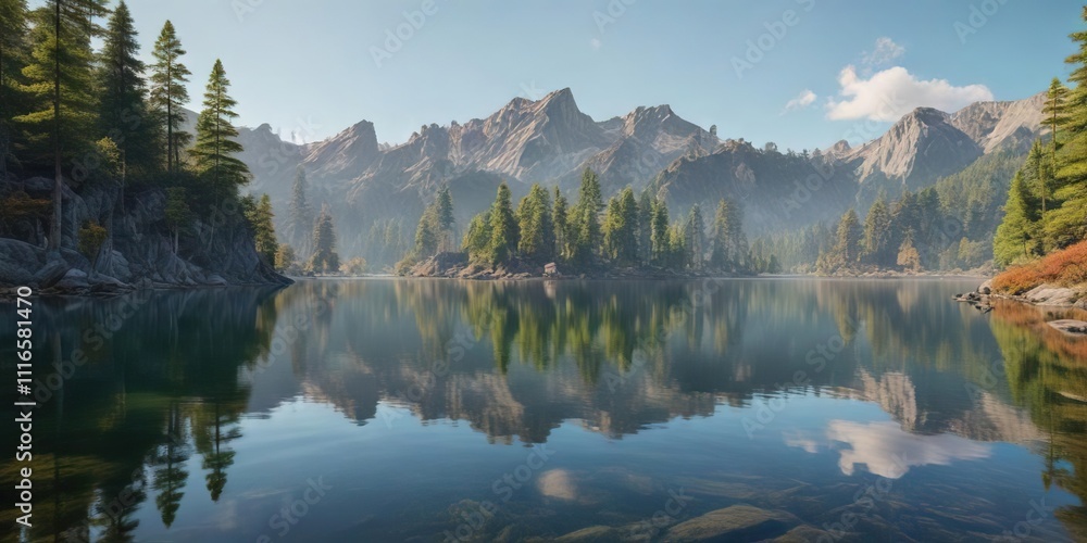 Naklejka premium Reflections on the calm surface of a crystal-clear lake with surrounding hills and cypress trees, lake reflections, lago di como, cypress tree