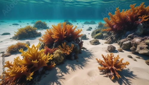 Seaweed and sea creatures on the sandy bottom of Aspronisi lagoon, seaweed, marine life photo