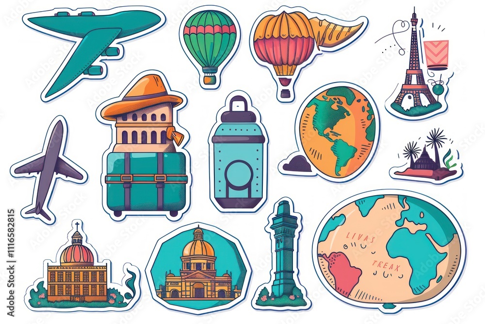 Colorful travel stickers featuring airplanes, hot air balloons, landmarks, luggage, and globes. Colorful travel stickers featuring airplanes, hot air balloons, landmarks, luggage, and globes.