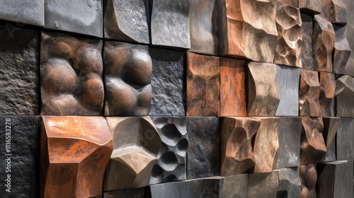 Fototapeta Naklejka Na Ścianę i Meble -  Abstract textured wall of square tiles in dark tones with varying embossed patterns.