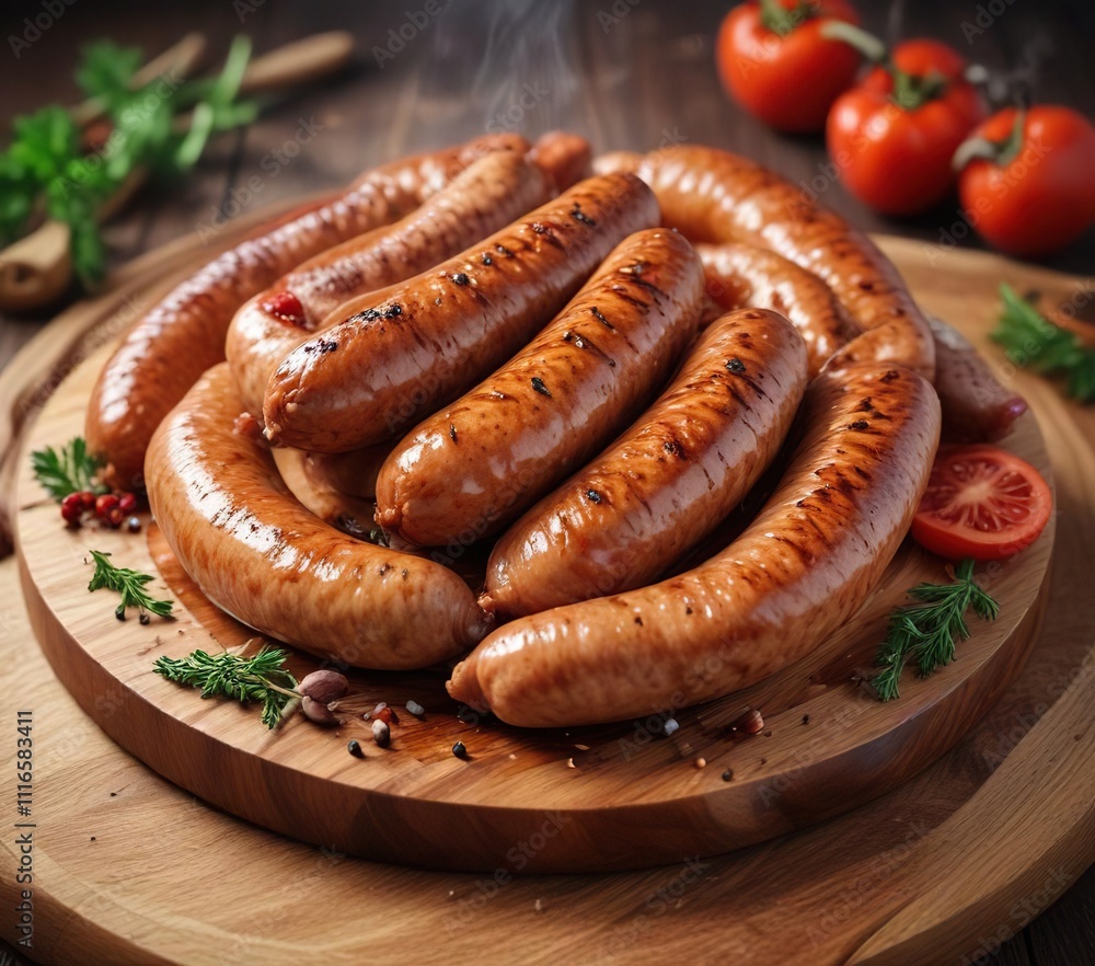 Sizzling homemade sausage on a wooden platter, outdoor cooking, rustic food Sizzling homemade sausage on a wooden platter, outdoor cooking, rustic food