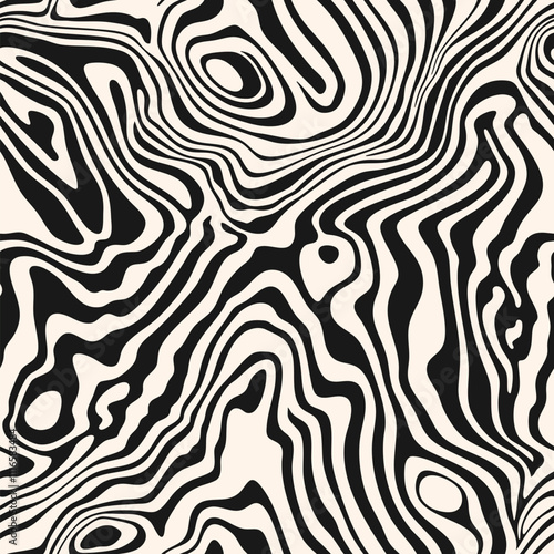Vector seamless pattern with fluid shapes, liquid flowing lines. Abstract black and white marble acrylic ink texture. Monochrome geo background with distorted waves, melting surface, organic pattern