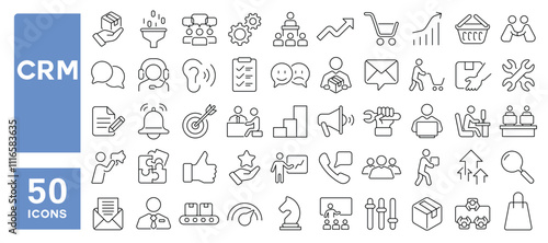 Set of 50 line icons related to crm, customer, relationship, management, audience, strategy, sales, task, data, experience, project, Editable stroke. Vector illustration