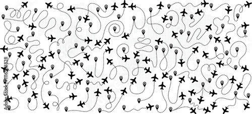 Big collection airplane routes in dotted line. Departure point, landing point set. Vector aircraft tracking, planes, travel, map pins, location pins. Editable paths, plane lines vector illustration.