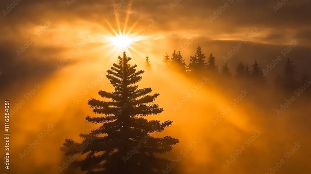 Naklejka premium Golden Sunrise Illuminates Foggy Mountain Conifers