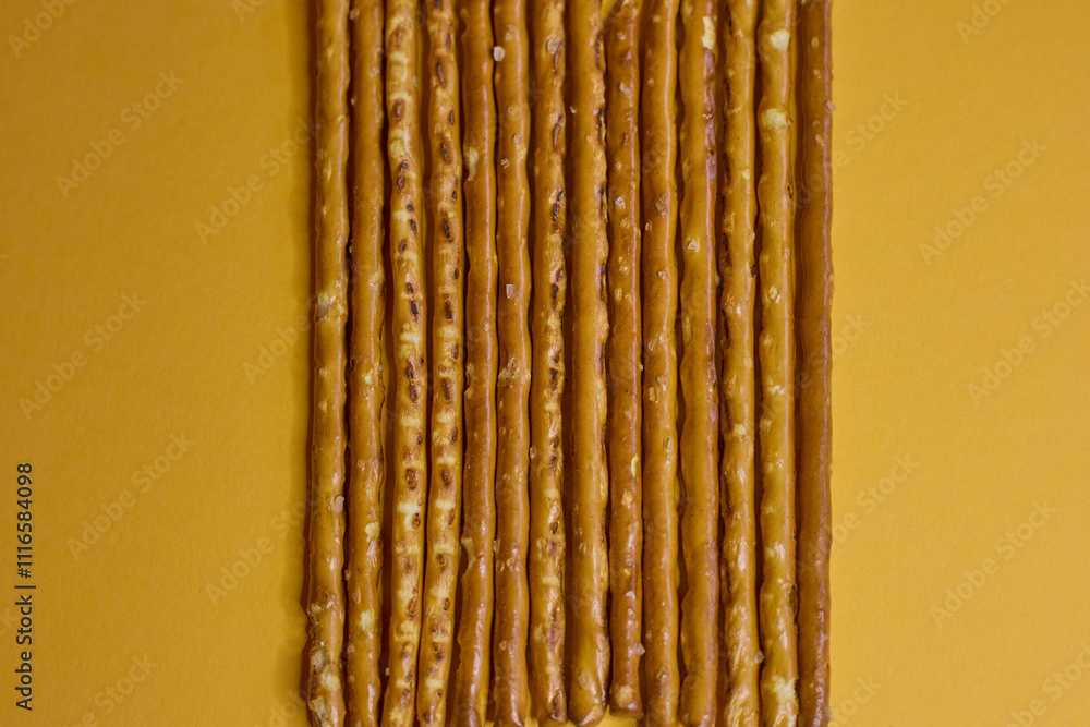 Artfully arranged pretzel sticks are presented beautifully against a vibrant yellow background