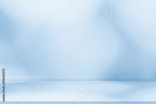 Blue Background,Light and shadow on wall texture,Studio background with podium for spring product present,Summer backdrop concrete wall room display with blurry light bokeh reflection on cement floor