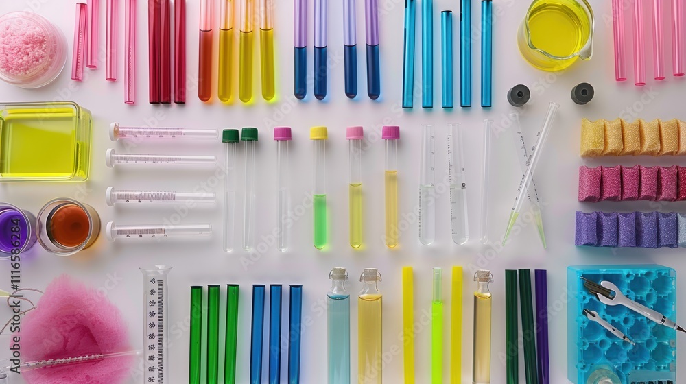 Obraz premium Colorful science lab equipment and supplies arranged on white background.