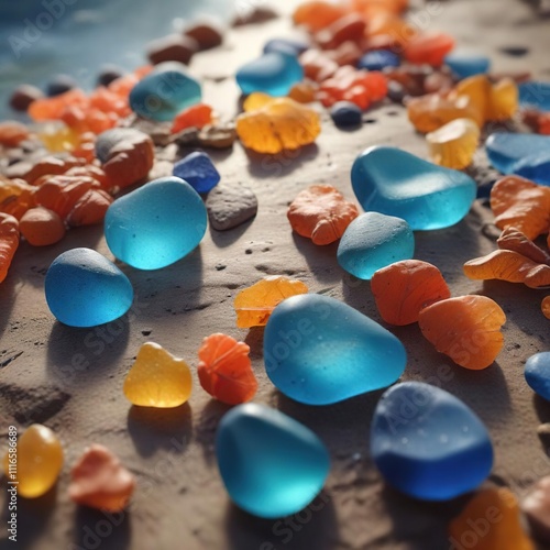 Amber and blue sea glass entwined with coral fragments , coastal colors, seashore finds, beachy arrangement photo