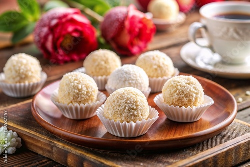 Delicate white beijinho coconut candies in paper cups, served on a wooden plate with roses and a cup of coffee for a charming presentation. photo