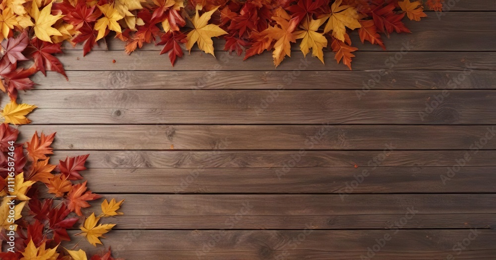 Obraz premium Autumn leaves and twigs arranged on a wooden surface to create a cozy atmosphere, outdoor scene , cozy atmosphere