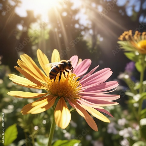 Sunlight filtering through a flower as a bee collects pollen, light transmission, floral anatomy photo