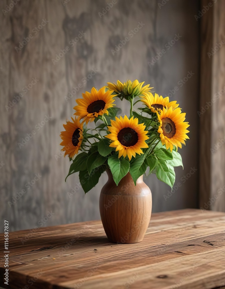A group of sunflowers arranged in a vase with a rustic wooden table in the background, nature, garden A group of sunflowers arranged in a vase with a rustic wooden table in the background, nature, garden