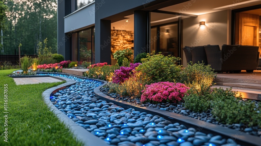 Obraz premium Modern home's illuminated garden path with a curved water feature and colorful landscaping at dusk.