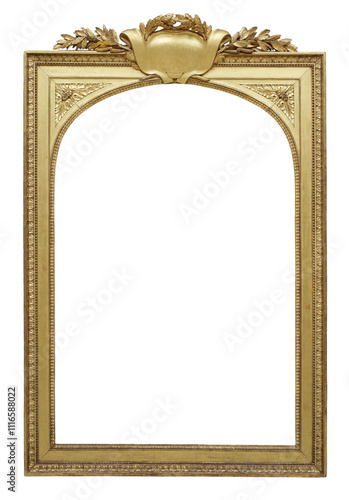 Old vintage golden frame with arch in the middle, isolated