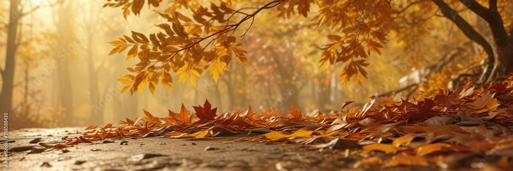 Fototapeta premium Amber hues of autumn leaves against a warm golden background , foliage, amber